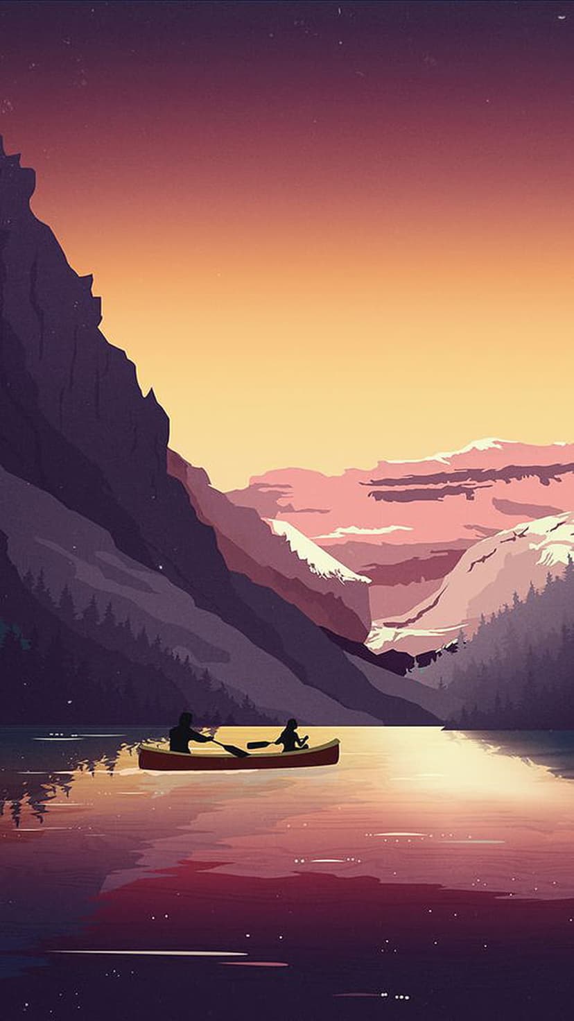 Two people in a canoe glide across a calm lake at sunset with purple mountain peaks and pine trees in the distance.