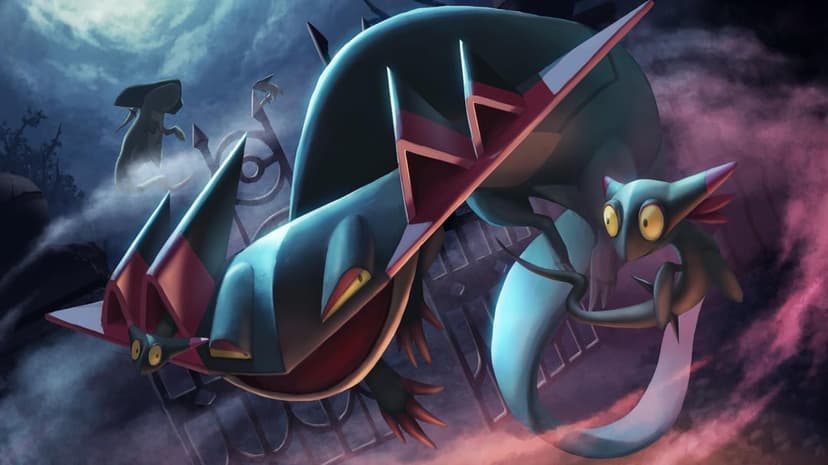 Dragapult and Dreepy floating in a misty graveyard with a Poke Ball gate and glowing yellow eyes at night.