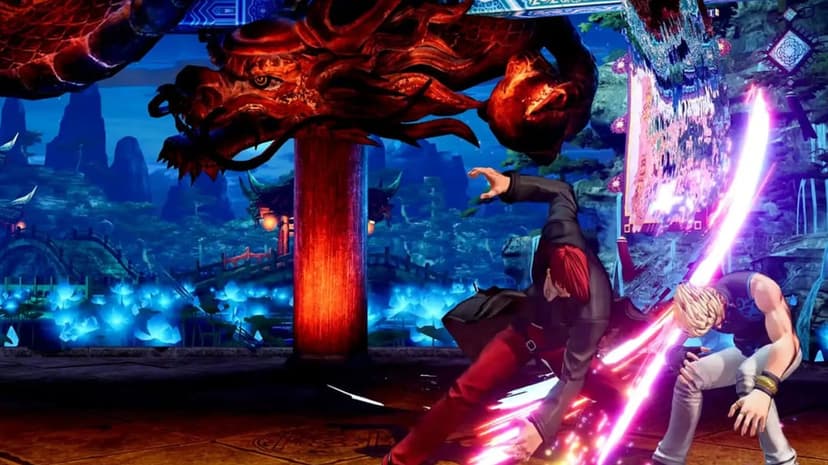Iori Yagami strikes Rock Howard with purple energy slash before a large red dragon in a gaming scene.