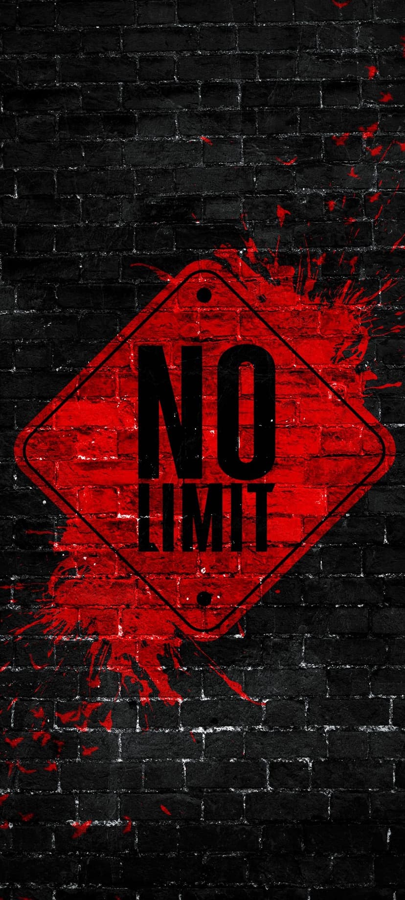 No Limit typography centered on a black brick wall with a large red paint splash and textured grout lines.