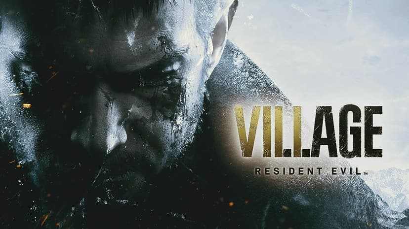 Gritty close-up of Chris Redfield beside Resident Evil Village text and a cold mountain landscape background.