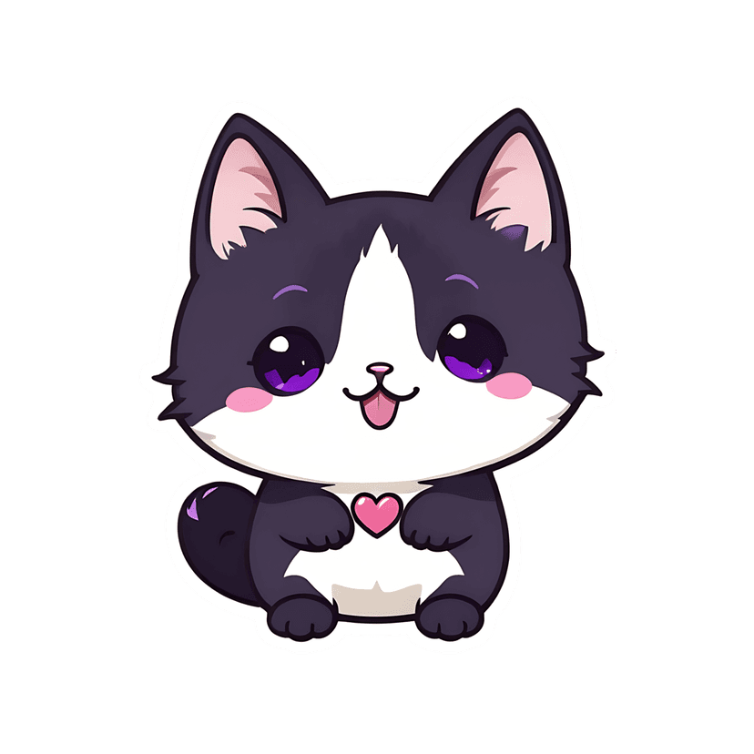 Tuxedo kitten sticker illustration sits forward with large purple eyes and a pink heart on its black fur.