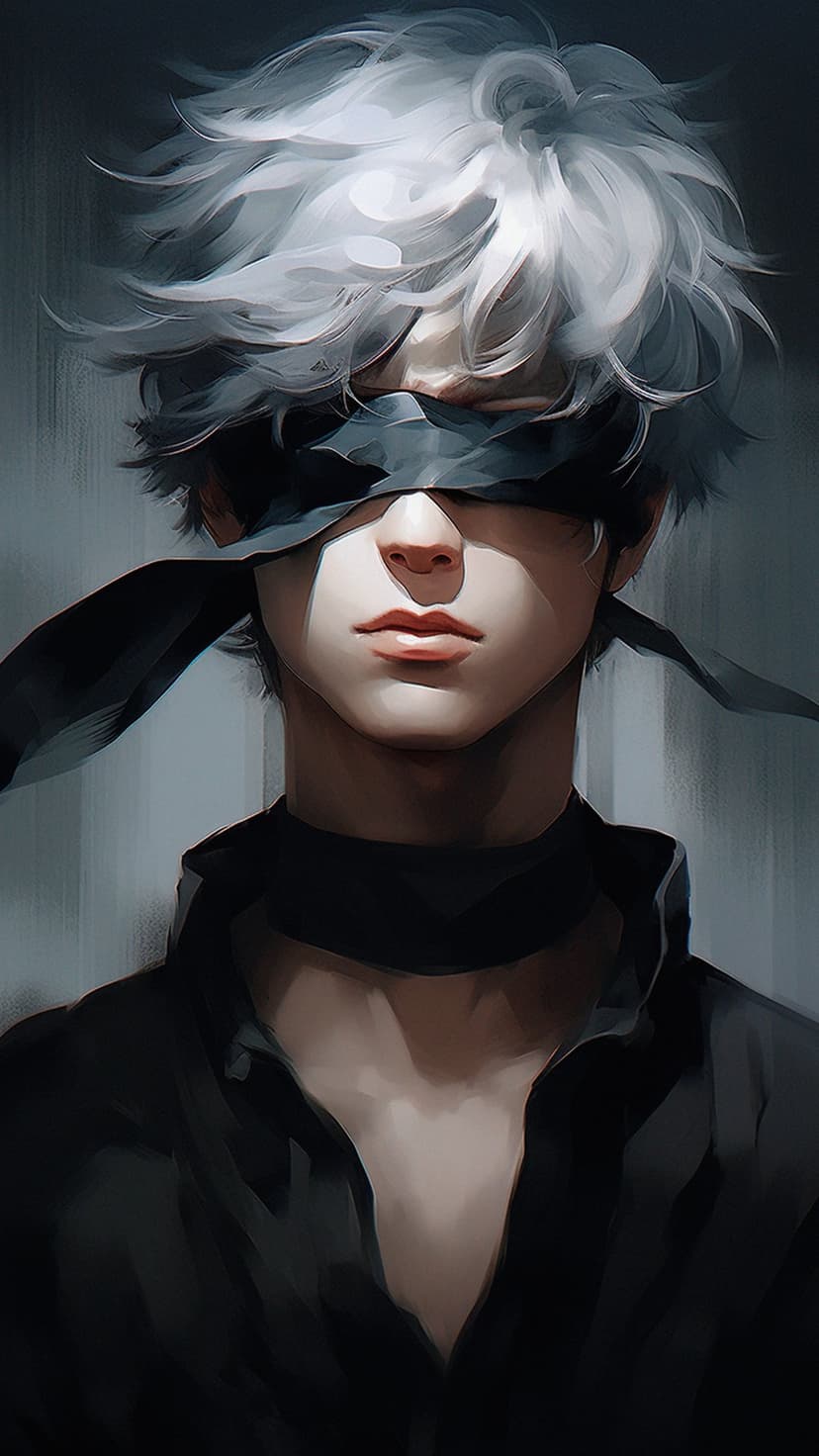 White-haired young man wearing a black blindfold and dark collared shirt against a textured grey background.