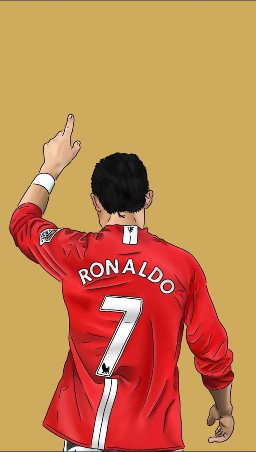 Cristiano Ronaldo in a red number 7 jersey points upward against a solid yellow background during a goal celebration.