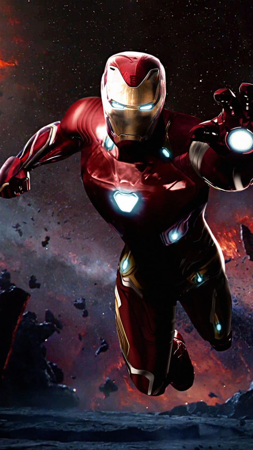 Iron Man in red and gold armor flies through space debris with glowing blue repulsors and chest reactor.