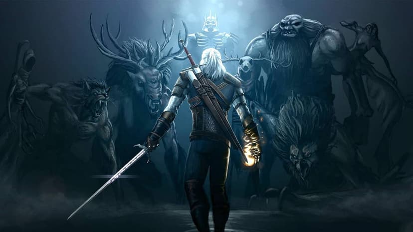 Geralt of Rivia from behind holding a runic sword and Igni fire facing a circle of dark fantasy monsters.