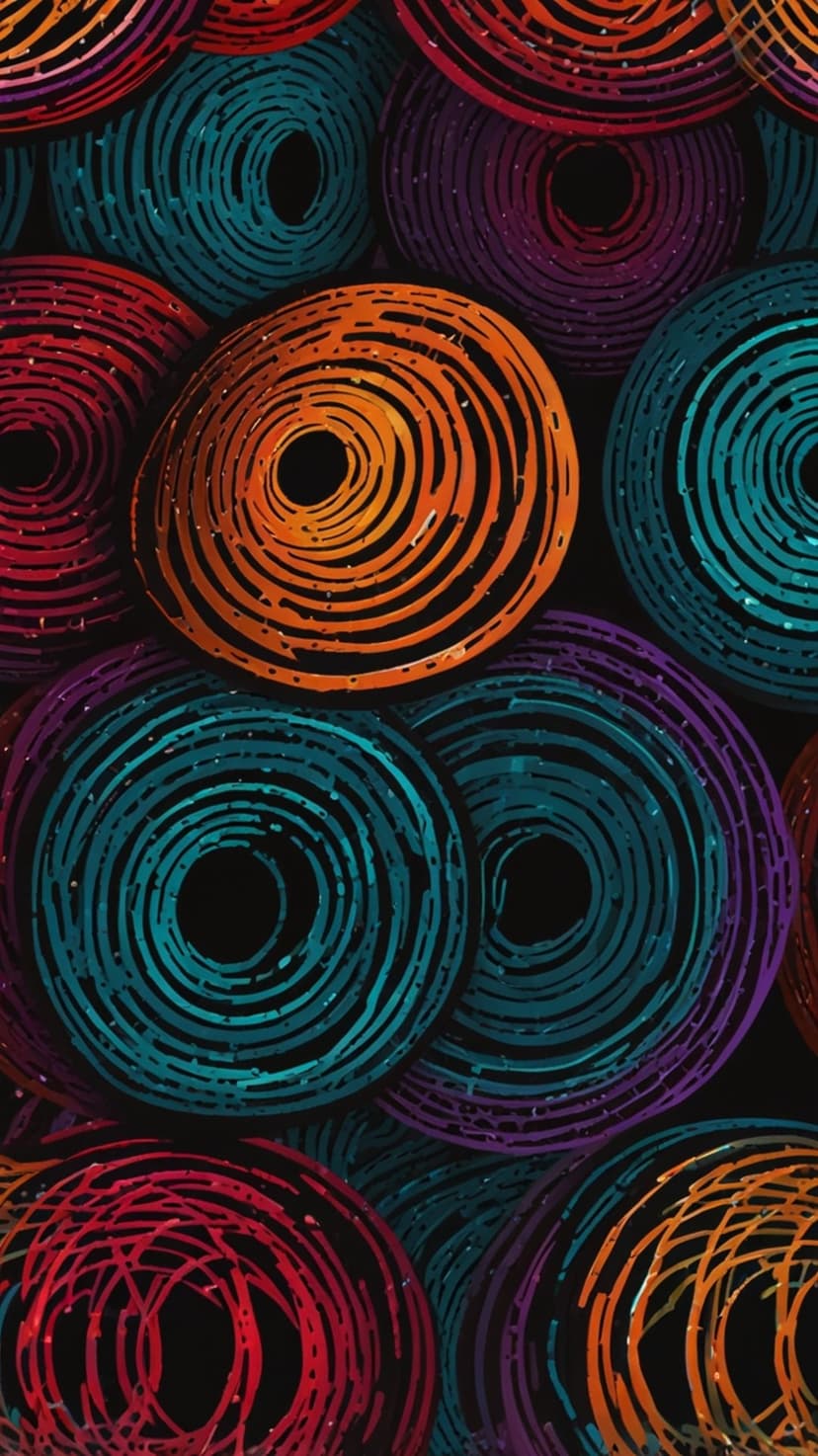 Glowing orange, teal, and magenta concentric circles spiraling against a dark, pitch-black background.
