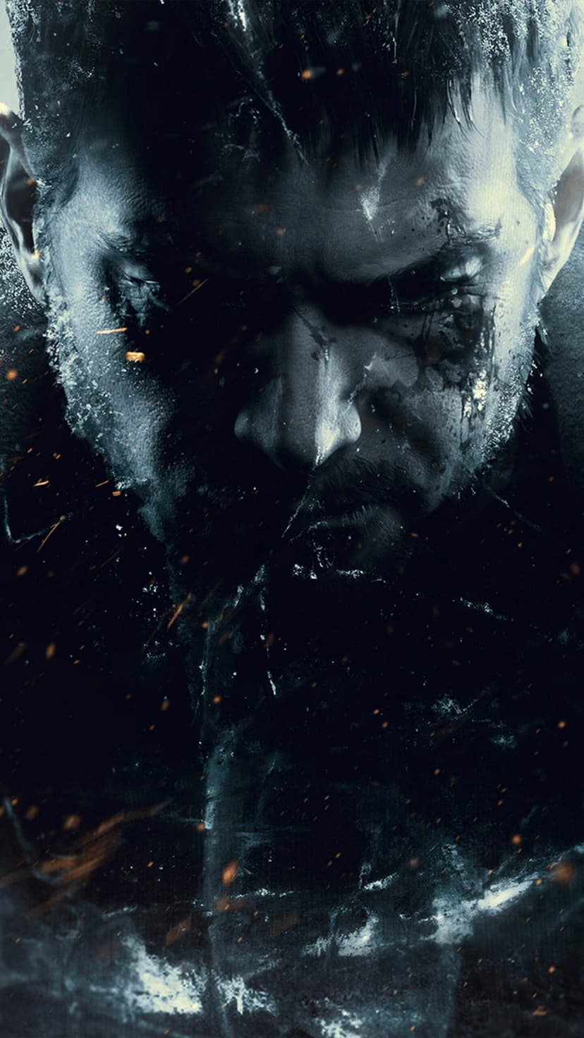 Close-up of a bearded man's intense face with icy fractures and floating orange sparks in dark blue tones.