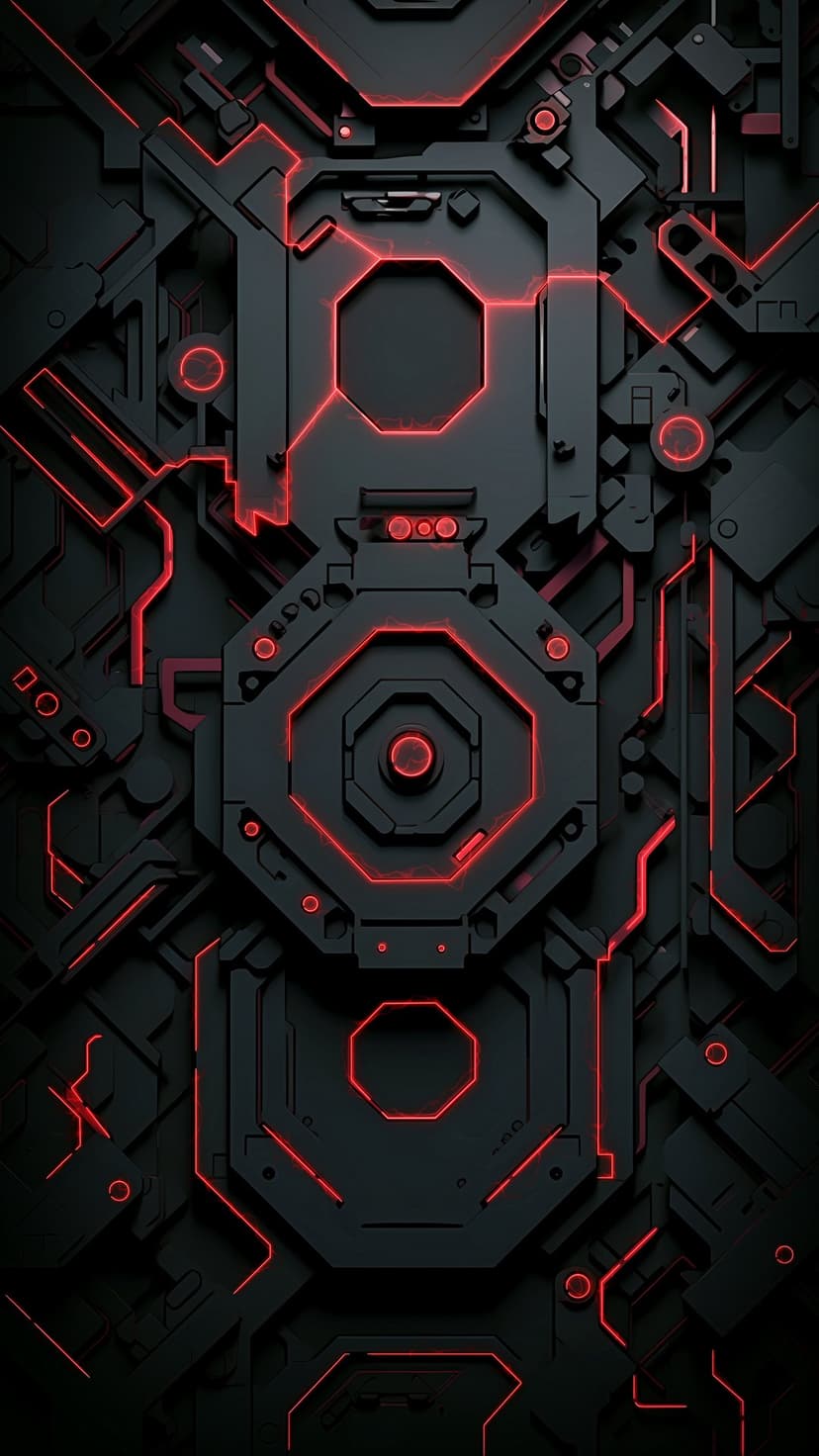 Glowing red neon circuit lines weave through dark 3D mechanical structures and geometric hardware components.
