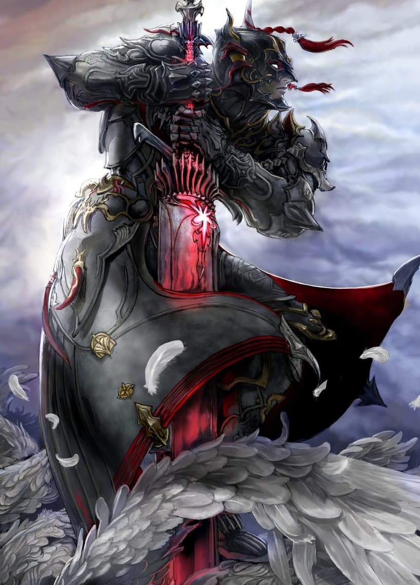 A dark knight in spiked armor holding a glowing red sword surrounded by floating white feathers and clouds.