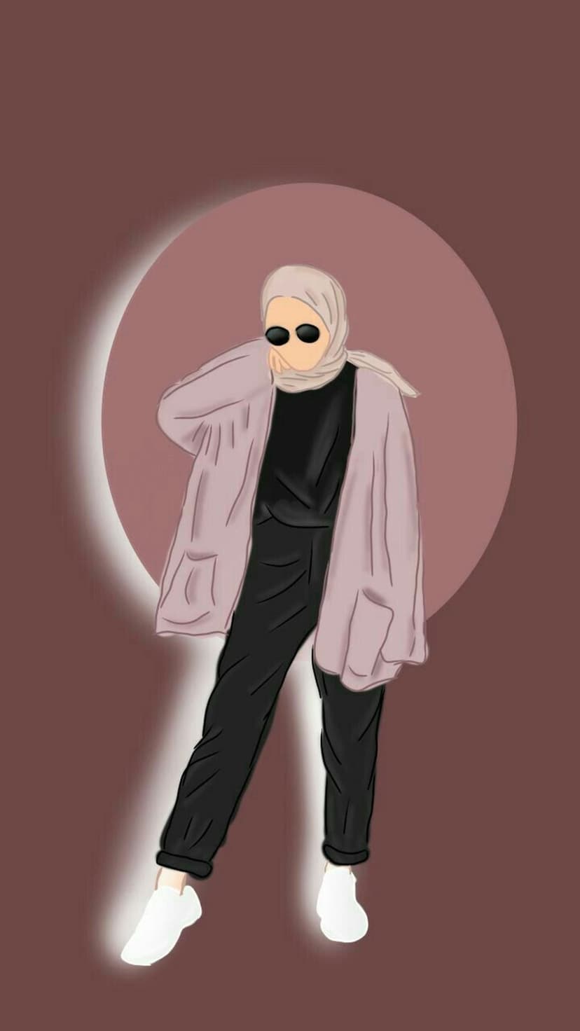 Muslim woman wearing a pink cardigan, black jumpsuit, and sunglasses poses against a brown and pink background.