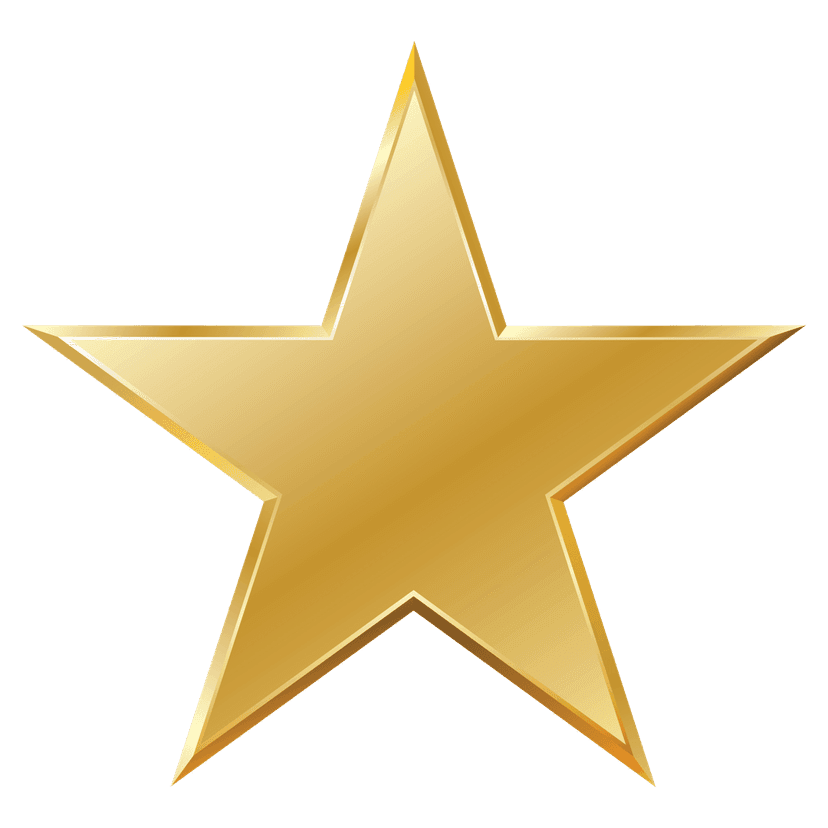 Gold star PNG features a tilted three-dimensional form with metallic sheen and sharp beveled edges on the points.