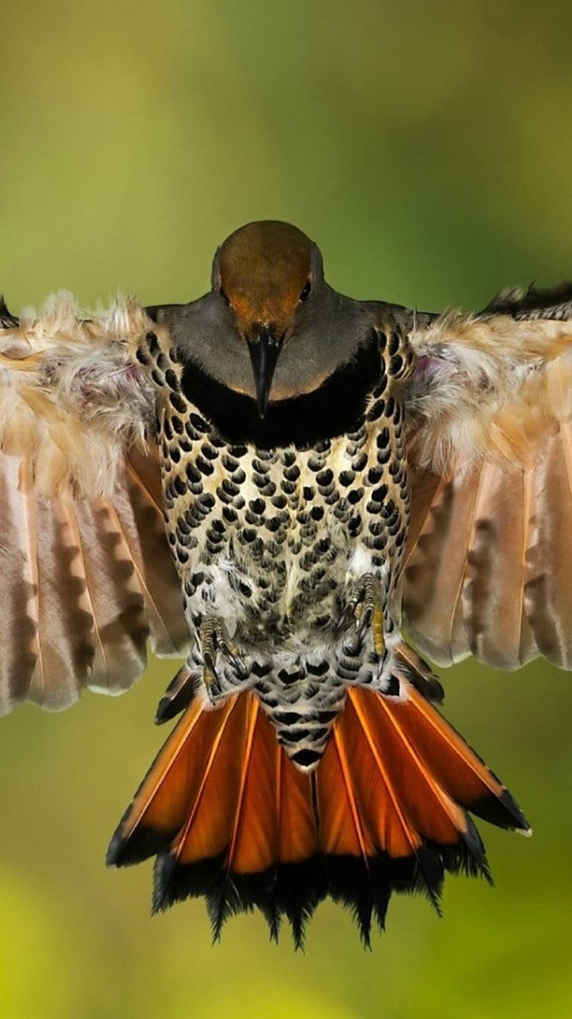 Northern Flicker fanning orange tail feathers with spotted plumage against a blurred green background.