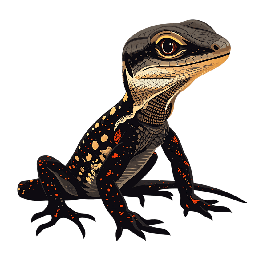Spotted lizard illustration with orange speckles on a black body, featuring detailed scales and a red eye.
