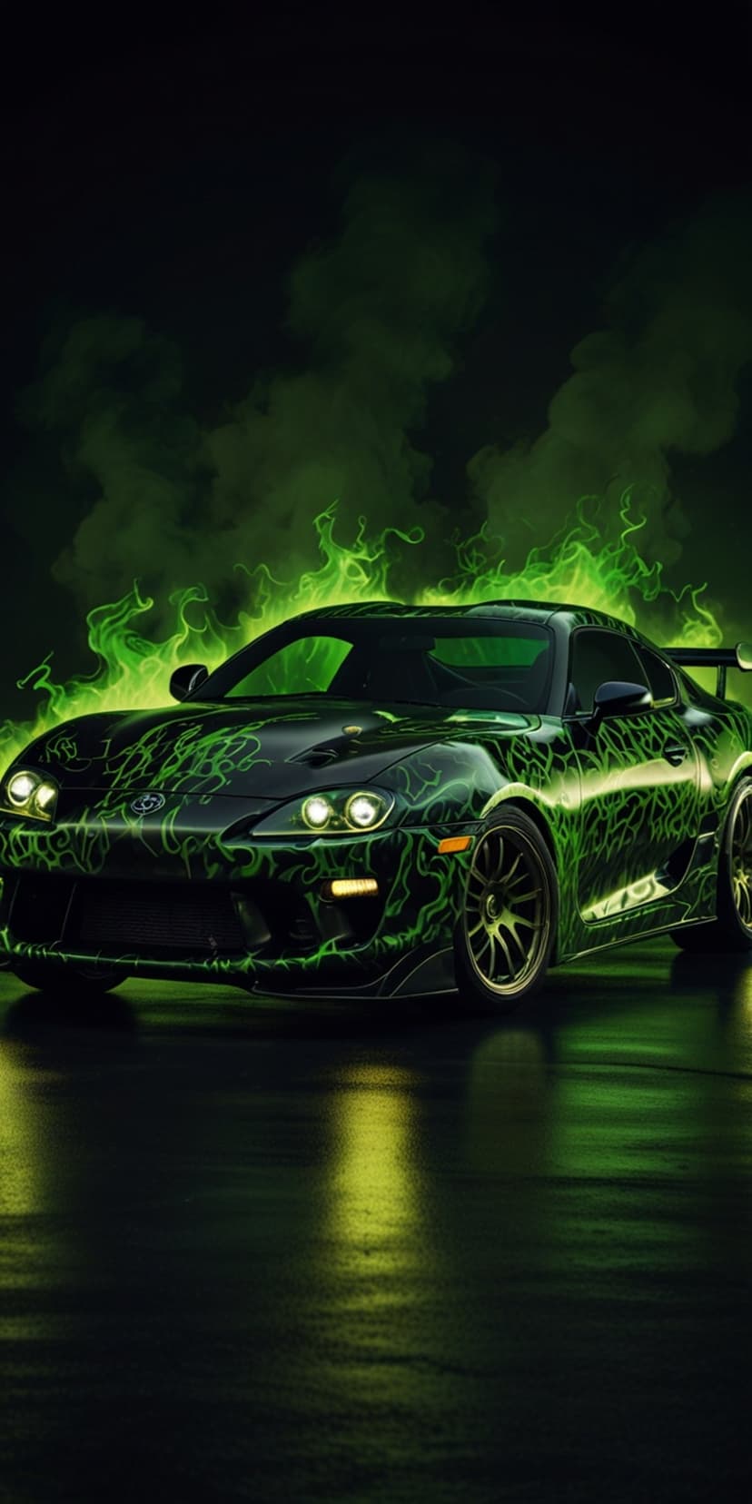 Black Toyota Supra with glowing green lightning graphics and smoke on wet asphalt under bright headlights.
