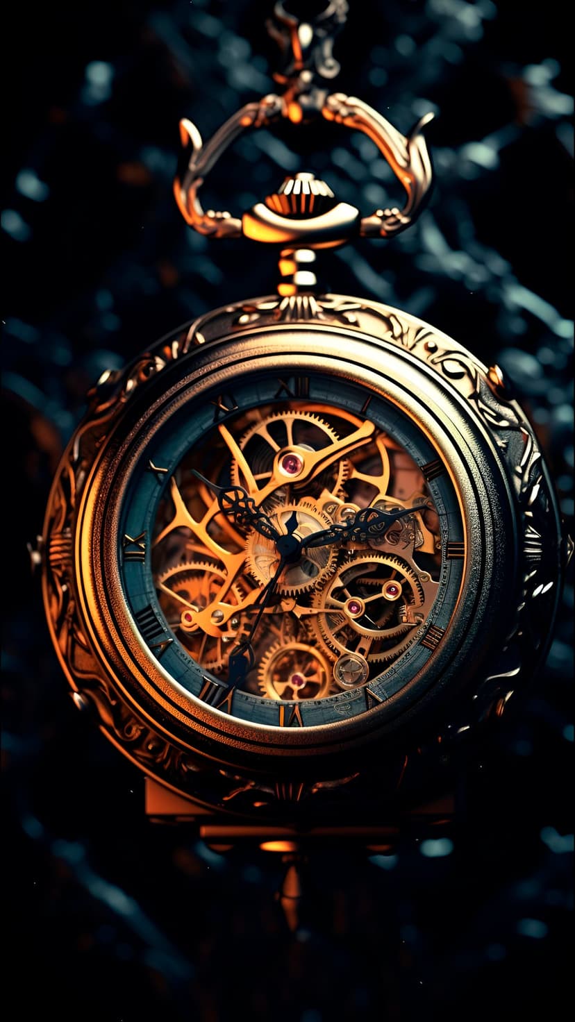 Gold pocket watch featuring exposed brass gears and Roman numerals against a dark, textured vertical background.