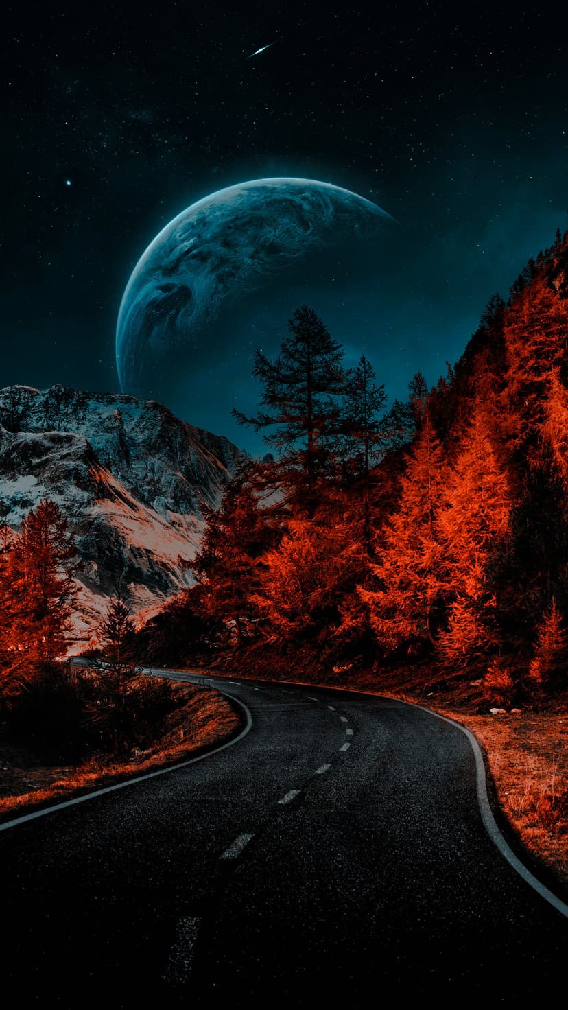 Winding asphalt road leads through a forest of fiery red trees toward snowy mountains under a massive glowing moon.