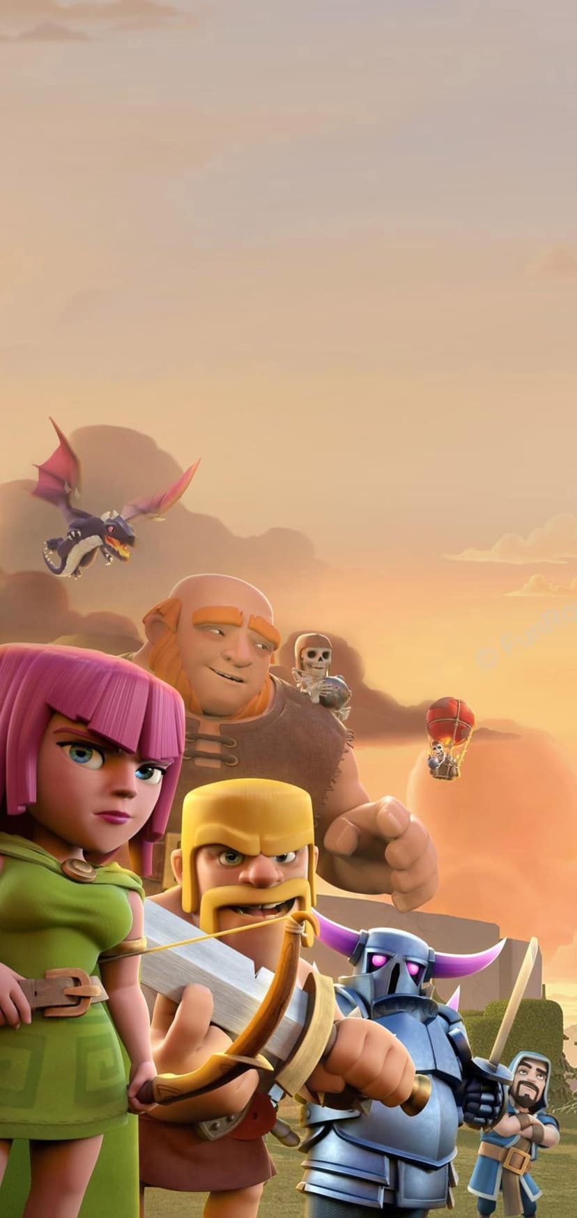 Archer, Barbarian, and P.E.K.K.A stand together under a golden sunset sky with a flying dragon and balloon.