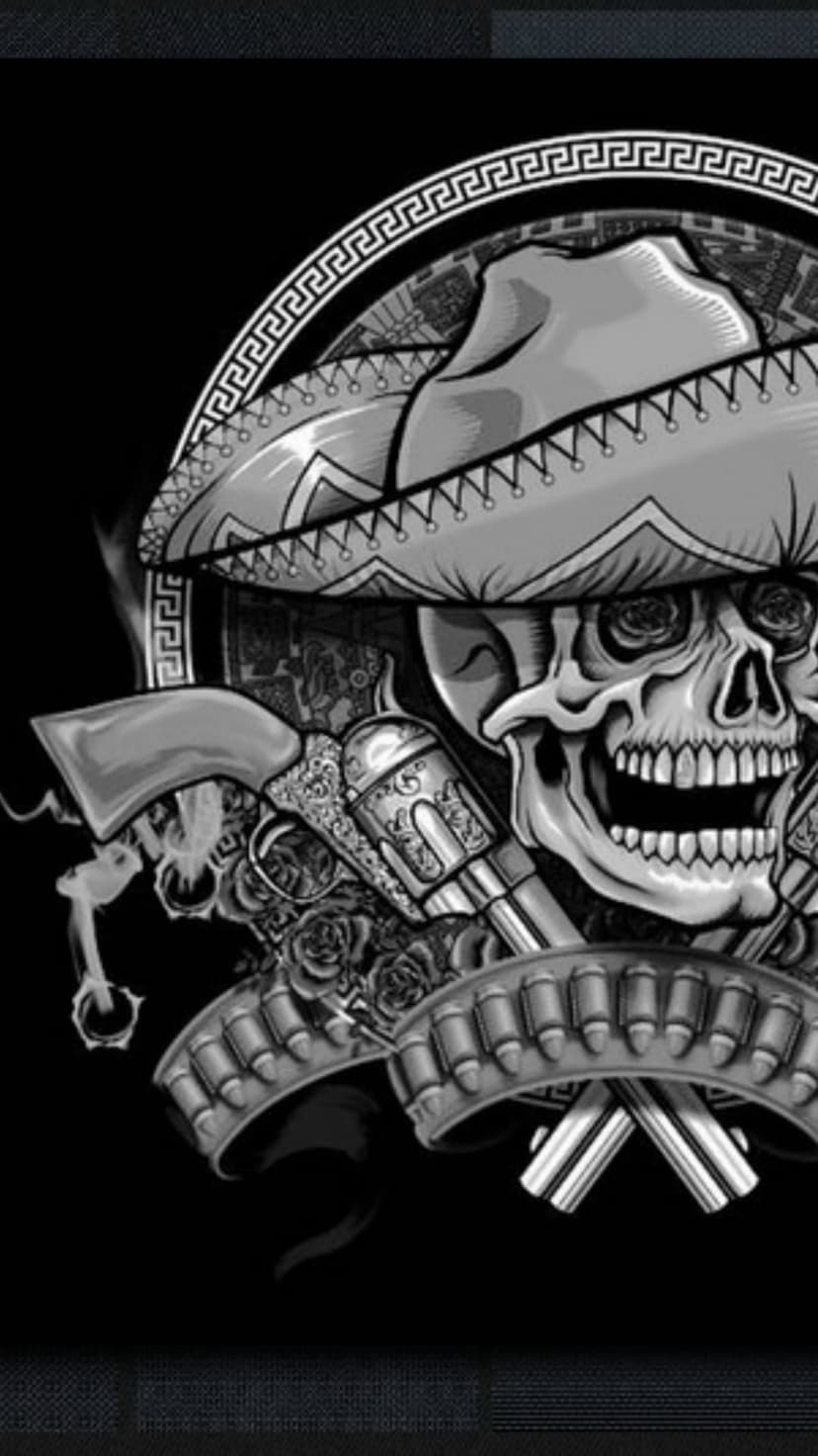 Grinning skull wearing a sombrero between two revolvers and roses inside a decorative Greek key border.