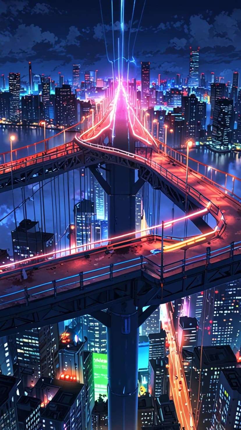 Red and blue neon bridge crossing a futuristic metropolis with towering skyscrapers under a dark night sky.