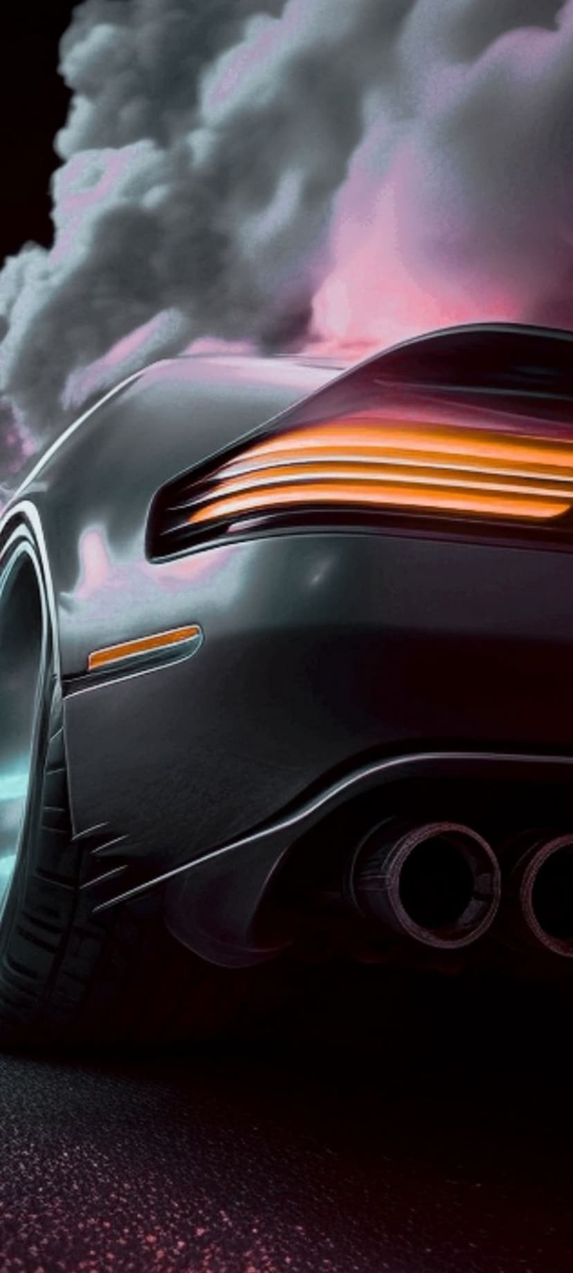 Rear view of a dark sports car with glowing orange taillights and thick exhaust smoke on textured asphalt.