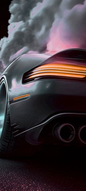 Exhaust Smoke and Glowing Taillights of a Sports Car