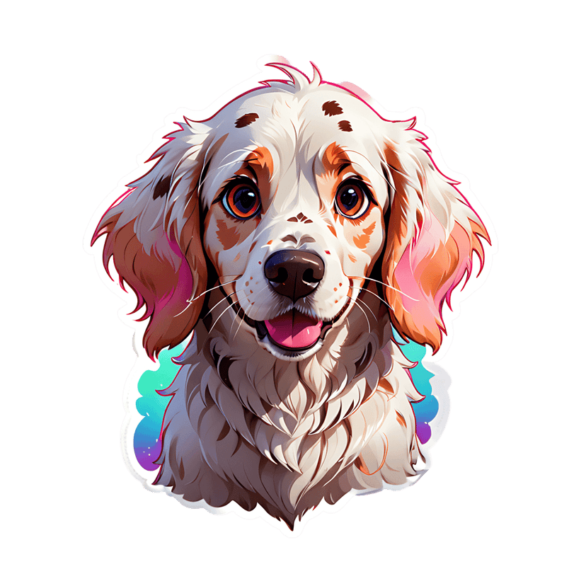 Spaniel dog sticker illustration featuring white fur with orange spots, blue eyes, and a glossy cartoon finish.