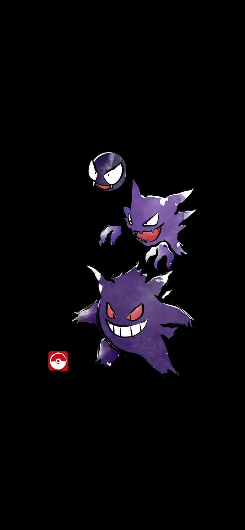 Gastly, Haunter, and Gengar ghost Pokemon in a purple watercolor style against a solid black background.
