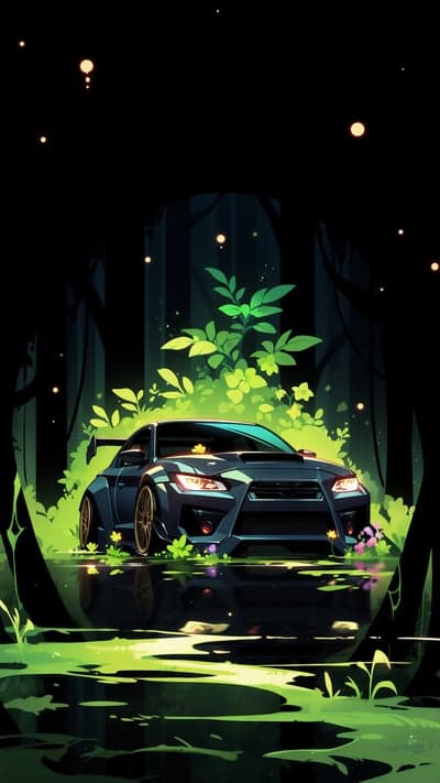 Sports Car in Magical Forest at Night