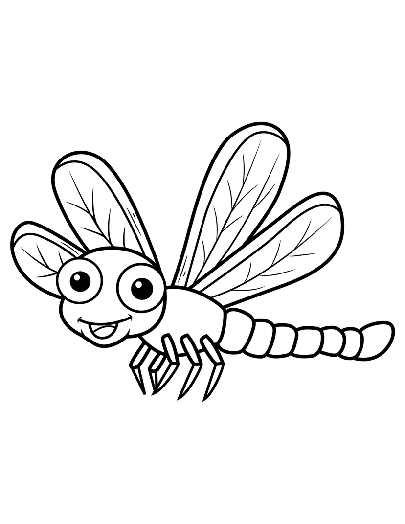 Black dragonfly line art illustration showing four wings with vein details and a long curved segmented tail.
