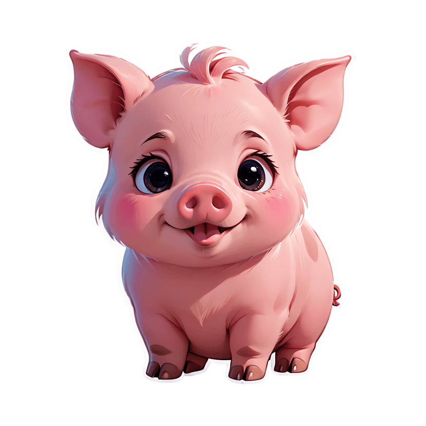 Pink piglet sticker illustration with a smiling expression, white border, and glossy finish on black background.
