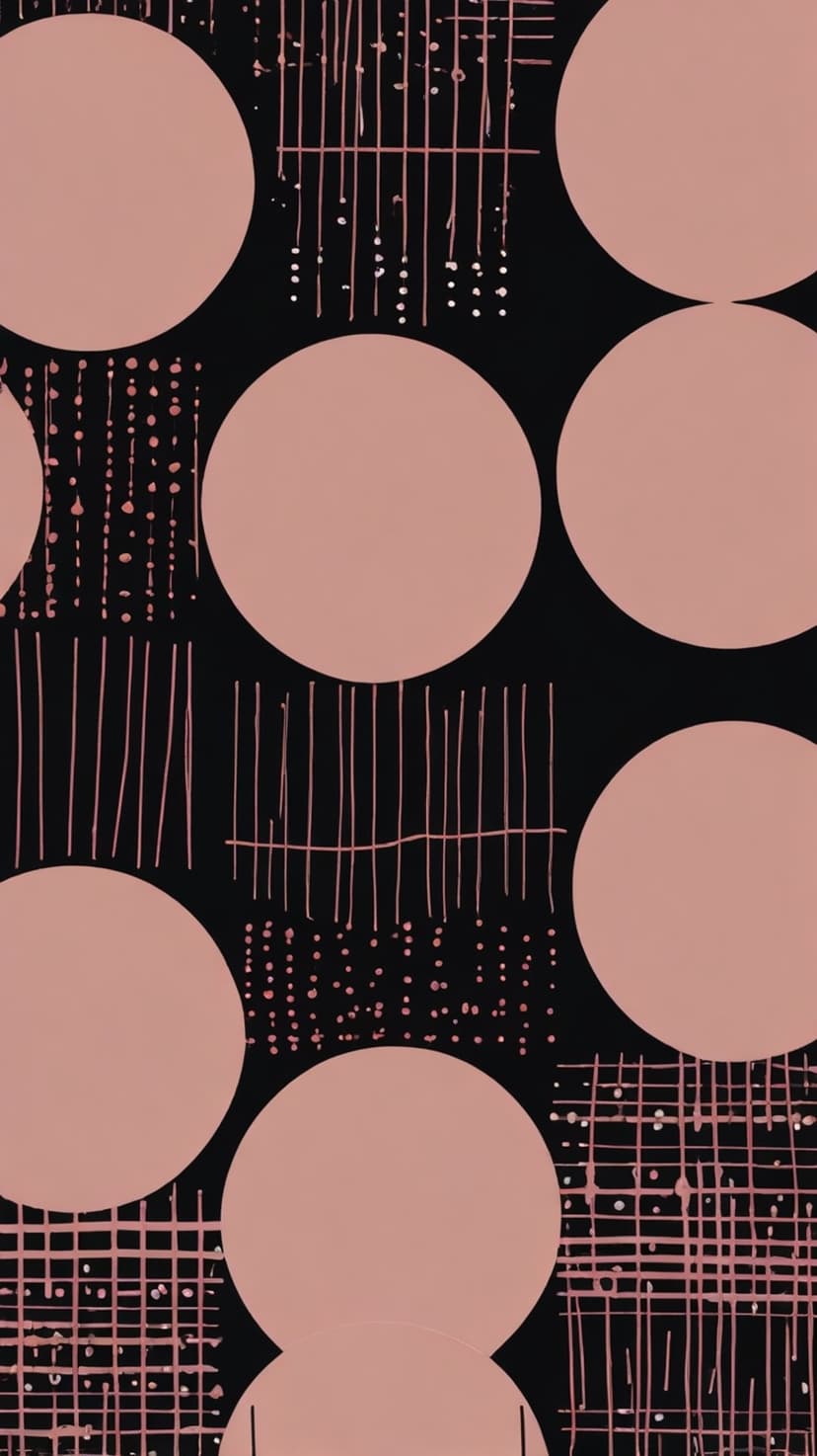 Soft pink circles and delicate magenta lines overlap on a deep black field with small stippled dot patterns.