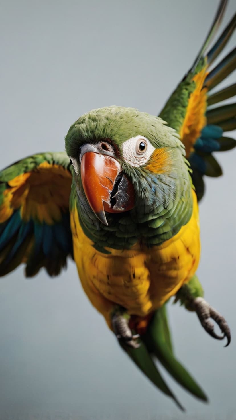 Macaw parrot with green feathers and orange beak flies against a gray background with its wings fully extended.