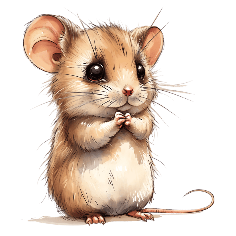 Cartoon mouse standing upright showing soft brown fur texture, large dark eyes, and a long pink curled tail.