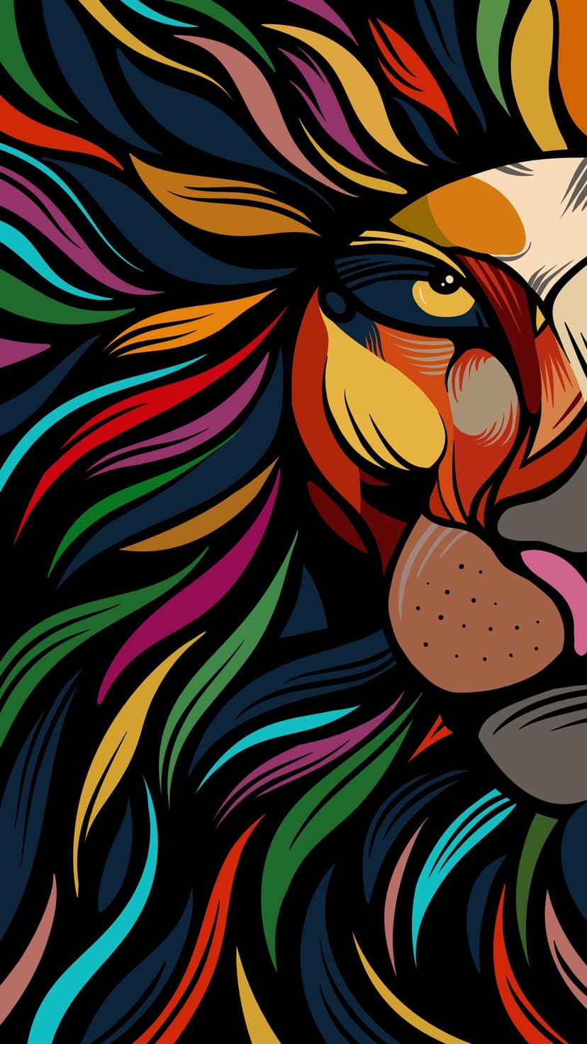 Lion head with a flowing rainbow mane featuring red, blue, and yellow ribbons against a dark black backdrop.