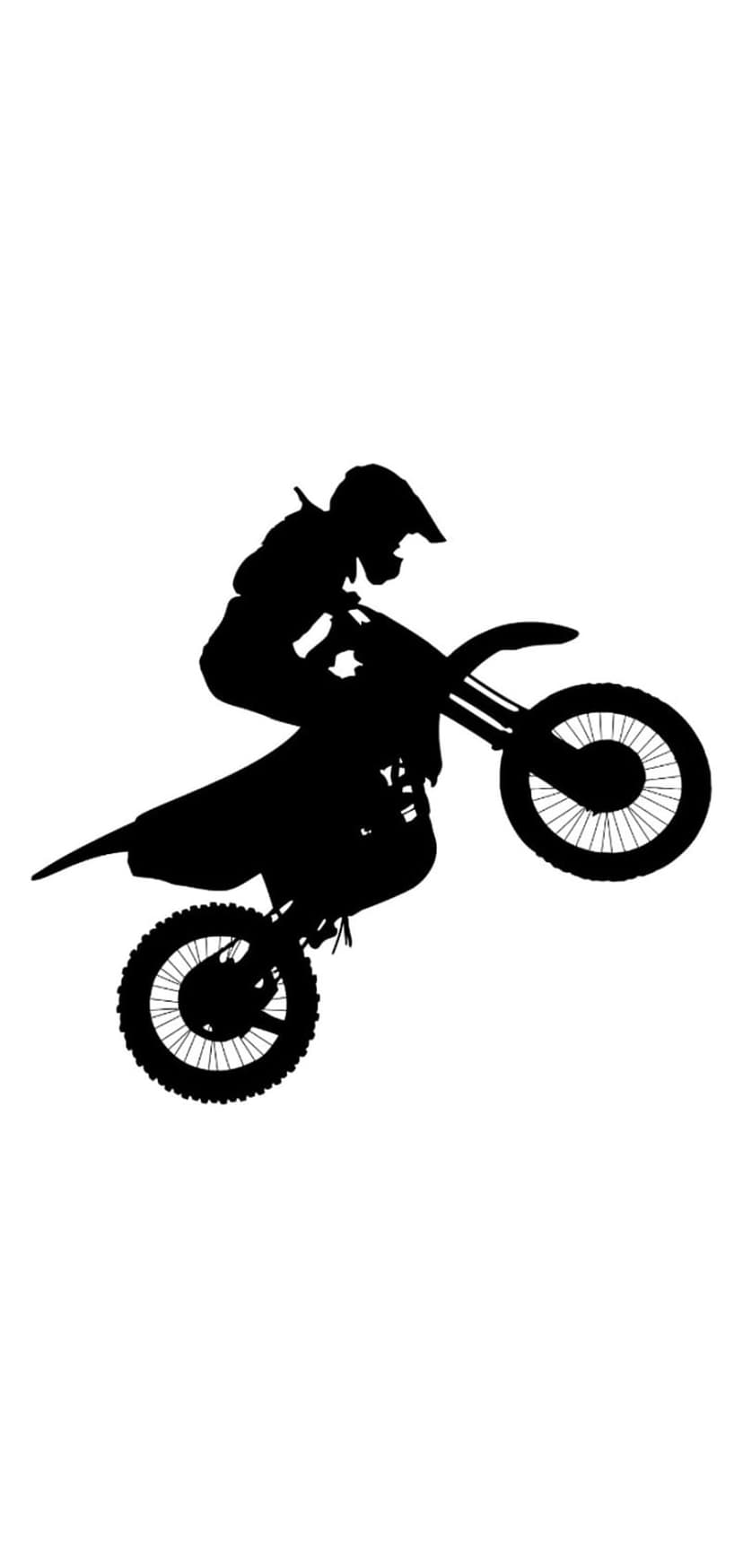 Motocross rider in black silhouette performs a vertical wheelie on a dirt bike against a stark white backdrop.