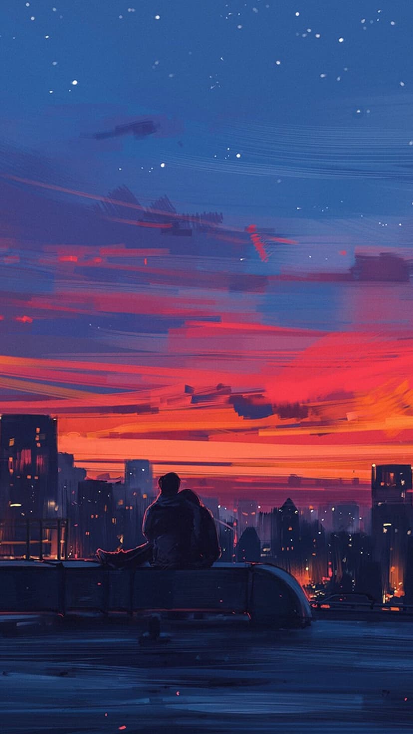 Two silhouetted figures embrace on a rooftop overlooking a glowing city at sunset under a starry twilight sky.