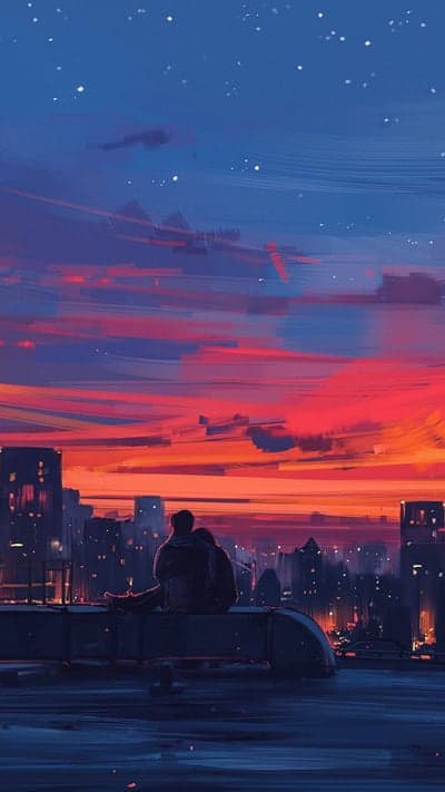 Couple Silhouetted on Rooftop Watching Sunset