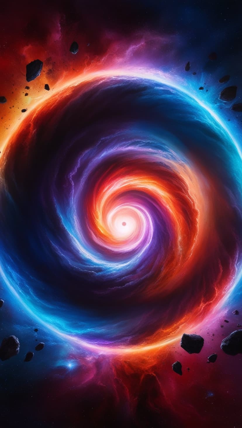 Glowing orange and purple nebula clouds swirl around a central black hole amidst drifting rocky asteroids.