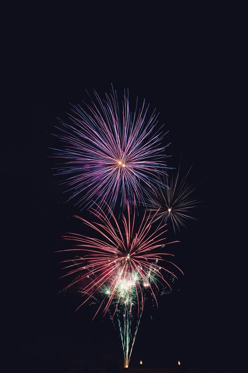 Multicolored fireworks explode in pink and green bursts against a pitch-black night sky in a vertical layout.