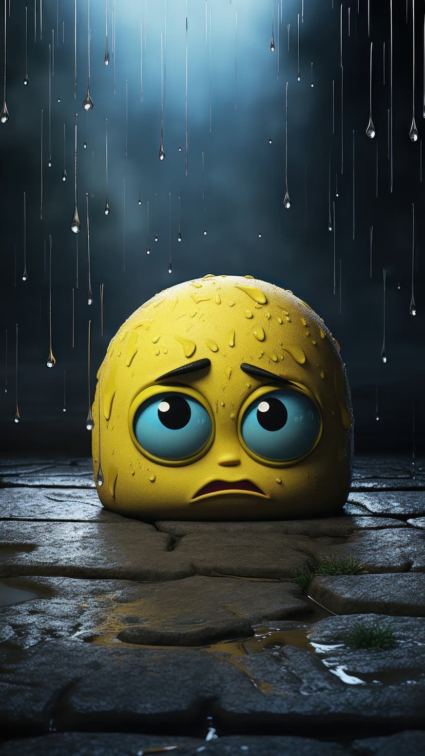 Crying yellow emoji with blue eyes sits on a wet stone path during a rainstorm with dark moody lighting.
