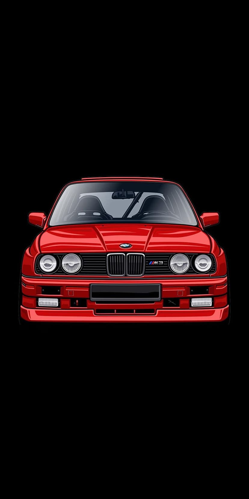 Red BMW M3 E30 front fascia showing quad headlights and a small M3 badge against a black backdrop.