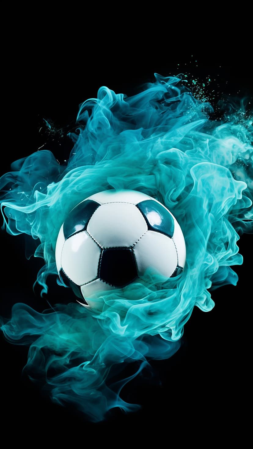 Soccer ball emerging from a swirl of vibrant teal smoke and fine dust particles against a black background.