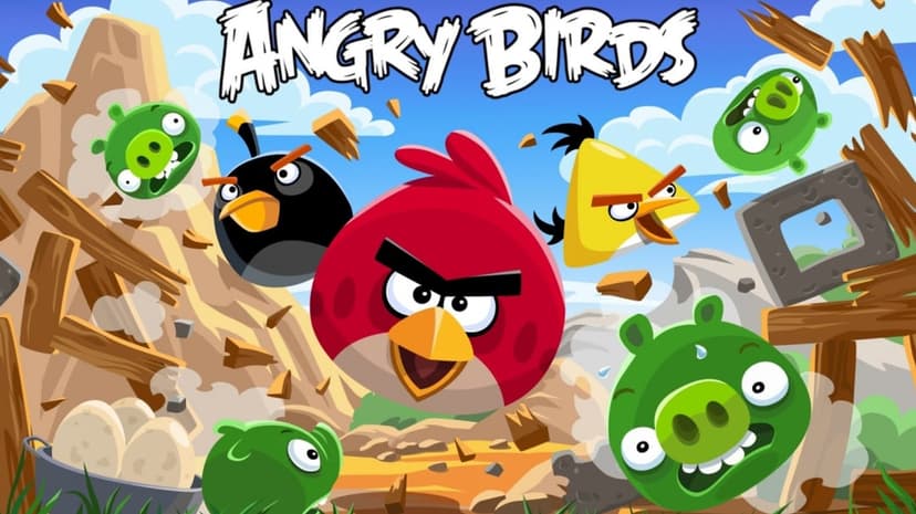 Red, Chuck, and Bomb fly through falling wooden debris while green pigs react with fear in a cartoon landscape.