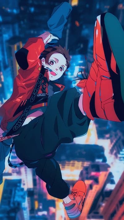 Anime Boy Leaping Over Night City High-Res Phone Wallpaper