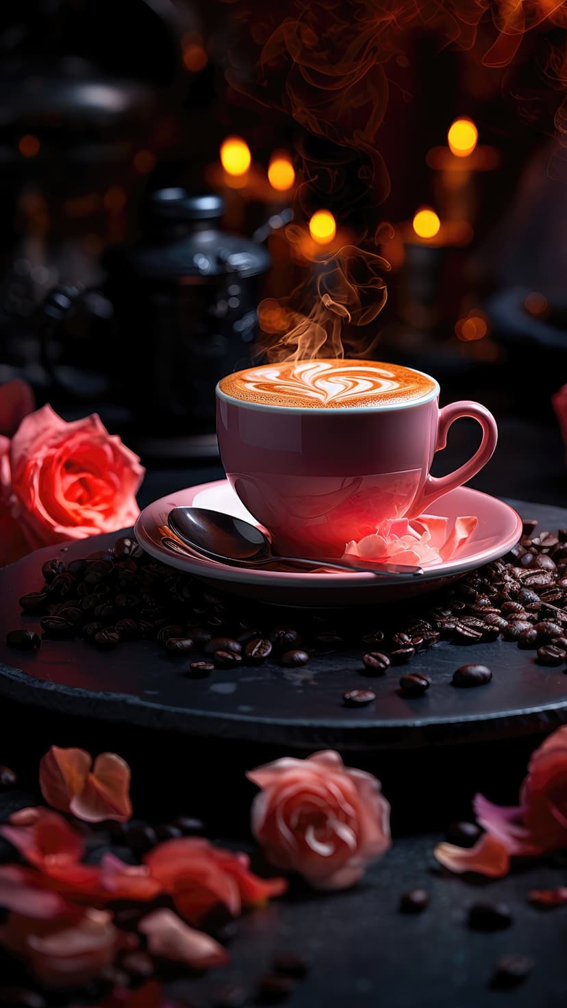 Heart-shaped latte art in a pink cup sits amidst fresh roses and coffee beans under warm, soft bokeh lighting.