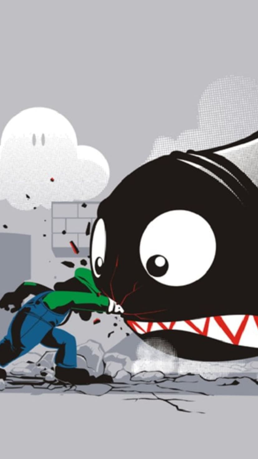 Luigi jumps away from a massive black Bullet Bill with aggressive eyes while rubble flies through the air.