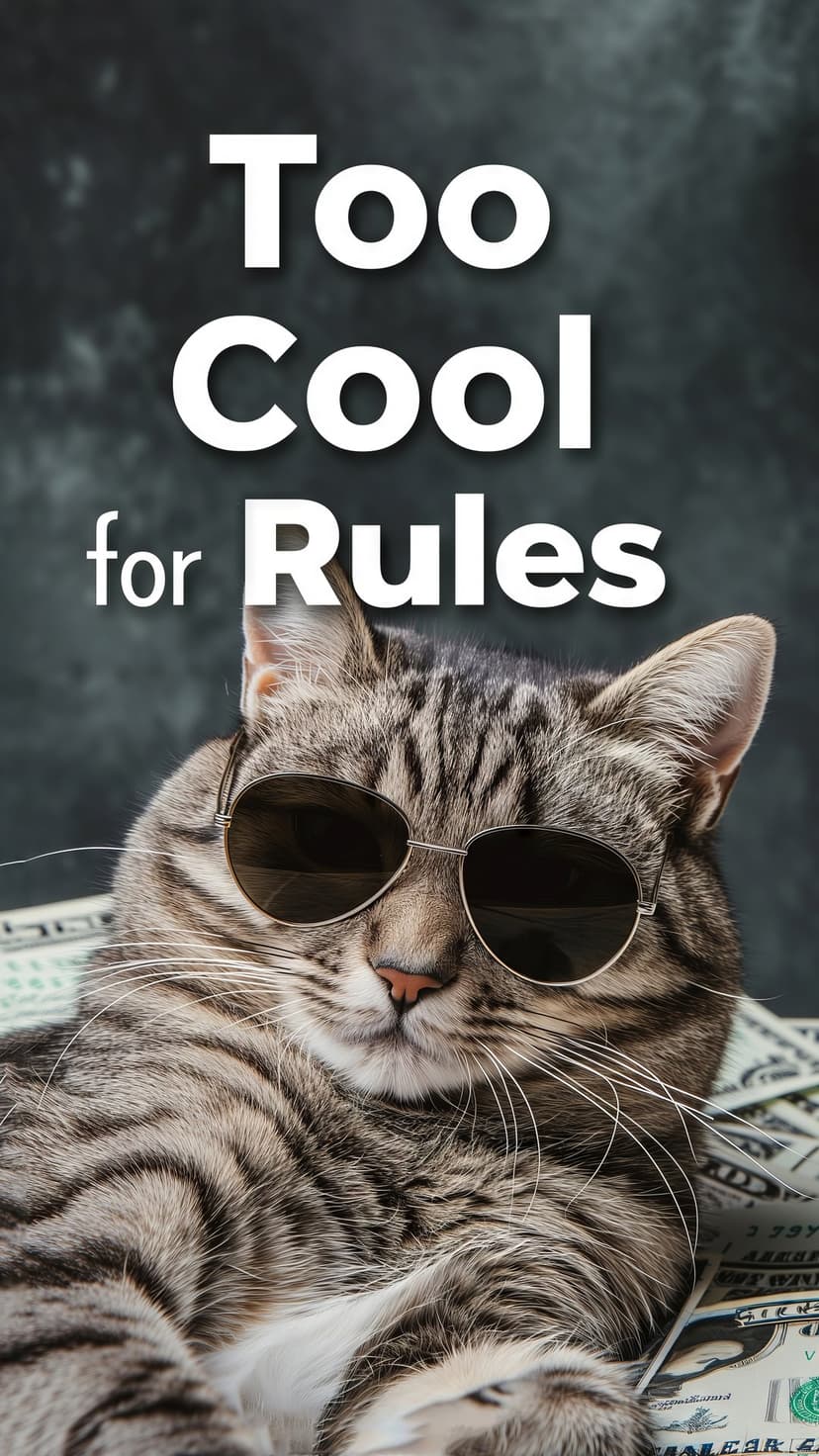 Tabby cat wearing black sunglasses lies on a pile of cash with the text Too Cool for Rules across the bottom.