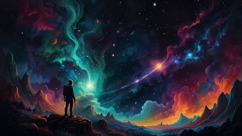Astronaut in a white suit standing on a rocky ledge looking at a bright green and pink nebula with a shooting star.