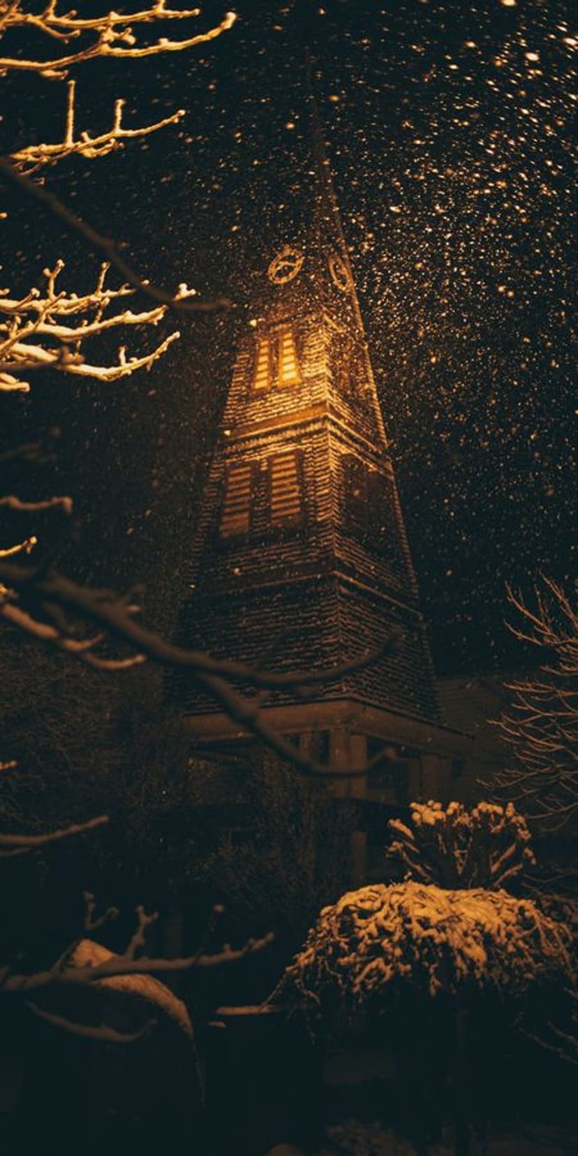 Gothic church steeple glowing with golden light as white snowflakes fall between dark leafless winter trees.